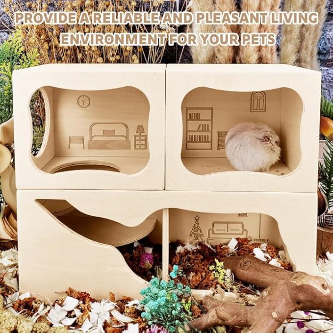 Hamster Hideout Wooden House,Hamsters Multi Chamber Hideout,Small Animal Habitat for Clear Observation,Hamster Toys for Dwarf Hamstersm,Gerbils, Hedgehogs, Rats, Mice(Living Room)