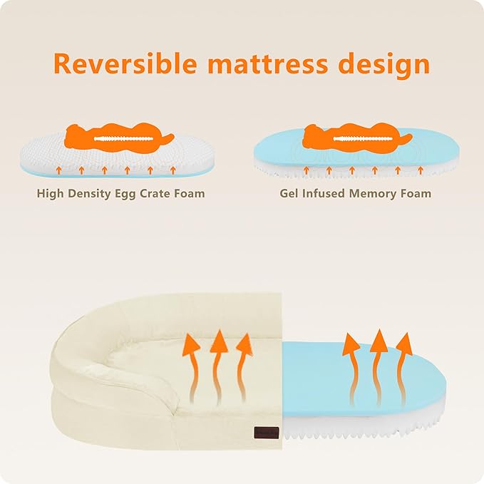 Dwanton Orthopedic Dog Bed for Medium Dogs with Gel Memory Foam, Waterproof Dog Sofa, Washable Pet Bed with Four Sided Bolster Cushion, Removable Cover & Non-Slip Bottom, 36", Beige
