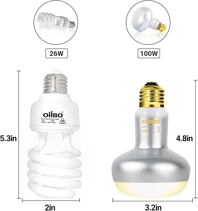 Oiibo Reptile Heat Lamp Blub Combo Pack, Dual Reptile Lamp Fixture with Intense Basking Spot Light UVA Daylight Reptile Heat Lamp & 26W Energy Saving UVA 10.0 UVB Bulb Spiral Compact Bulb