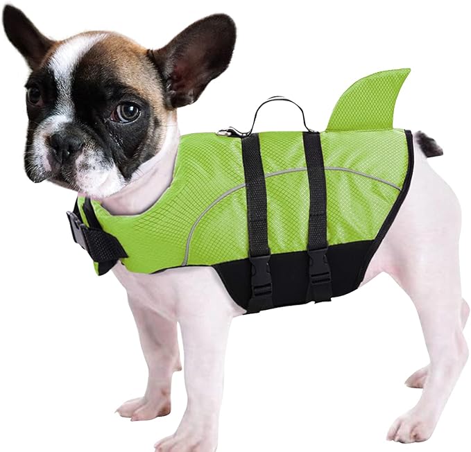 Queenmore Ripstop Dog Life Jacket Shark Life Vest for Dogs, Safety Lifesaver with High Buoyancy and Lift Handle for Small and Medium Breeds（Green XS）