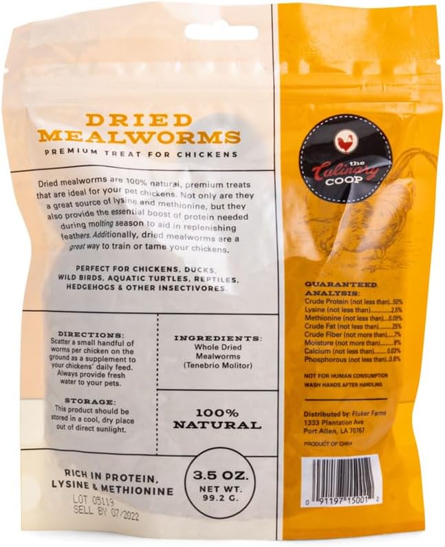 Fluker's Culinary Coop Premium Chicken Treats, Mealworms 3.5 oz, High Protein Worm, Nutritious Treat