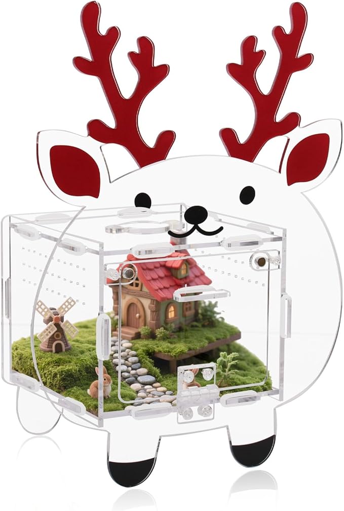 Acrylic Jumping Spider Enclosure 4.7x4.7x3.5 Inches, Magnetic Front Opening Door Escape-Proof Habitat for Tarantulas & Small Reptiles, Cute Deer-Shaped Acrylic Terrarium