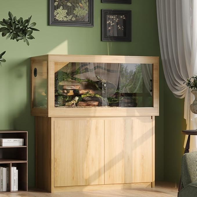 120 Gallon Reptile Tank, Terrarium Tank with Storage Cabinet, Breathable Wire Mesh Top and Wire Threading Holes, Large Reptile Enclosure with Spring Lock for Bread Dragon, Gecko, Log Color