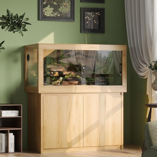 120 Gallon Reptile Tank, Terrarium Tank with Storage Cabinet, Breathable Wire Mesh Top and Wire Threading Holes, Large Reptile Enclosure with Spring Lock for Bread Dragon, Gecko, Log Color