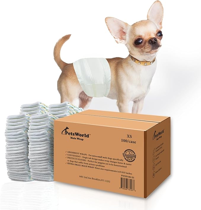 PetsWorld Dog Diapers Male X-Small 200 Count Disposable Male Dog Wraps – Super Absorbent Belly Bands with Wetness Indicator, Fur-Friendly Adjustable Fit for Incontinence & Training (Waist 8–10.5 in)