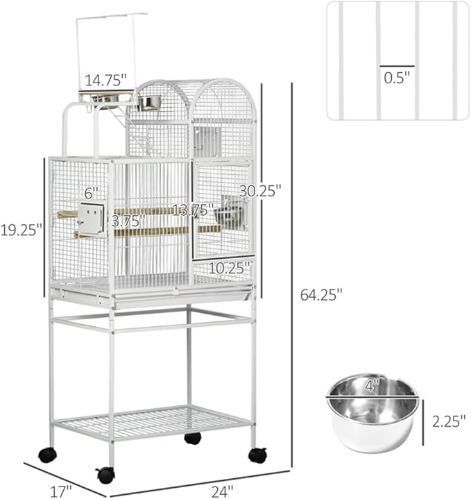 Bird Cage Outer Perch and Ladder,Hooks for Hanging Toys,Two Perches High-Security Latches,Removable Bottom Grate and Slide-Out Tray White