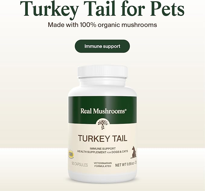 Real Mushrooms Turkey Tail Capsules for Pets –Cat Probiotics & Dog Vitamins – Organic Mushroom Supplement for Dogs & Cats – Supports Daily Balance & Well-Being Non-GMO, 90 ct