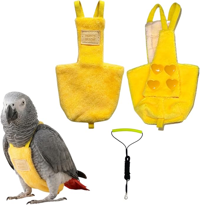 Adjustable Bird Diaper Parrot Clothes Flight Suite, Reusable Parrot Nappy with Waterproof Inner Layer, Warm Bird Urine Wet Suit Costume for Conure African Grey Quaker (Yellow, with Leash,2XL)