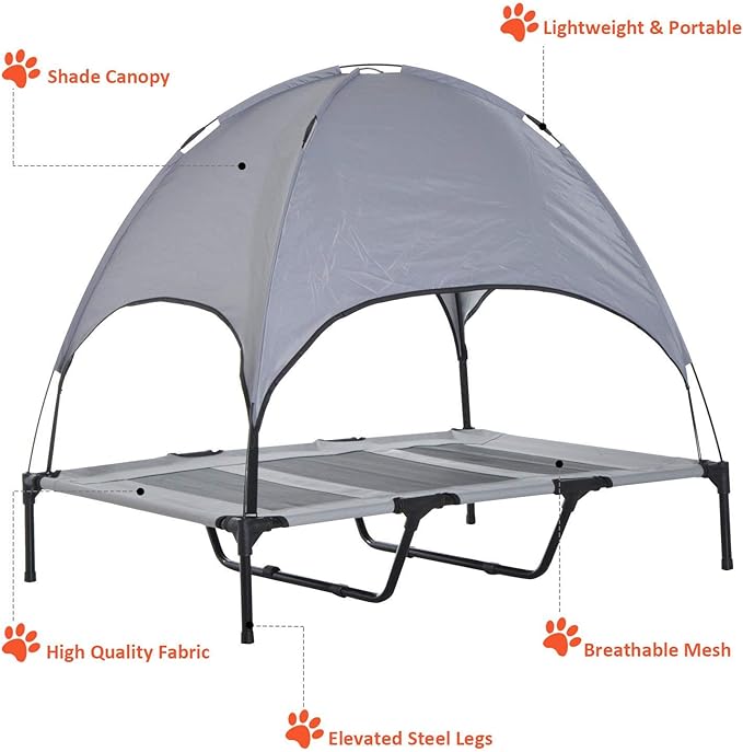 PawHut Elevated Portable Dog Cot Cooling Pet Bed With UV Protection Canopy Shade, 48 inch