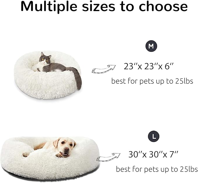 HACHIKITTY Calming Donut Cuddler Dog Bed, Round Fluffy Pet Bed for Small Dogs,Washable, Large, White, 24''