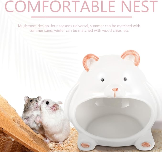 Balacoo Ceramic Hamster Hideout, Dwarf Cool Bed, Hamster House and Habitat for Chinchillas Hedgehogs, Gerbils Mouse and Guinea Pigs, Small Pet All Season House (Bear)