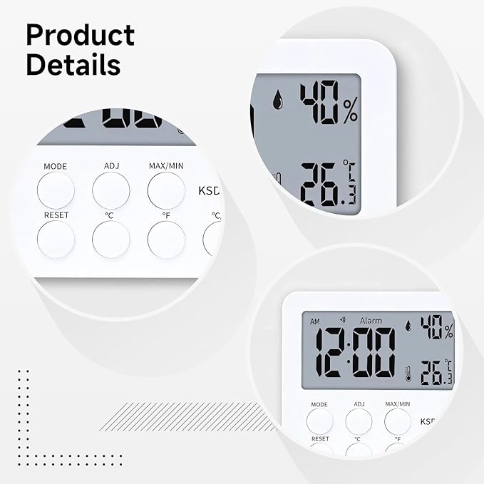 Reptile Tank Temperature Humidity Monitor with Clock Alarm, Digital Thermometer Hygrometer, 3.5 X 3.5 X 1.1 in