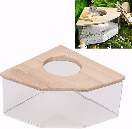 Pssopp Hamster Bath Box, Right Angle Fan Acrylic Safe Hamster Sand Bathroom with Wood Cover for and Other Small Pet Hamster