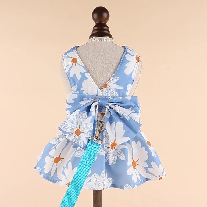 Dog Dress Bowknot Harness Leash Set for Small Girl Dogs Blue Daisy Floral Dog Cat Clothes Cute Puppy Outfits Pet Clothes Spring Summer Breathable Dresses(X-Small)