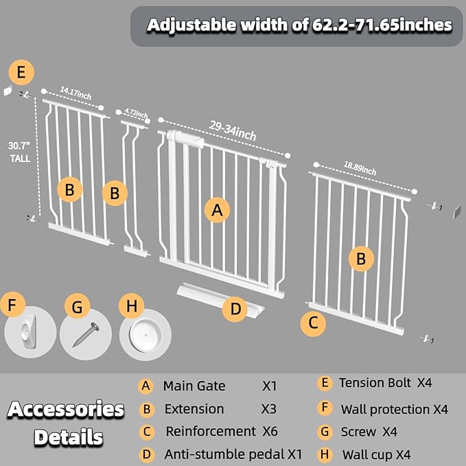 Baby Gate Extra Wide Fits 62.2"-71.65" Inch Opening - Dog Pet Gate for Doorways Stairs No Drilling Pressure Mounted - Large Child Safety Indoor Outdoor White