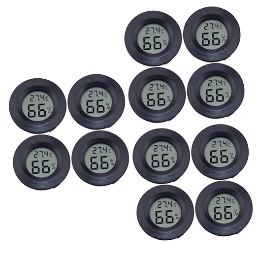 VICASKY 12pcs Round Digital Humidity and Temperature Acrylic Embedded Electronic Hygrometer for Reptile Pets Home Use Lightweight and Compact Black