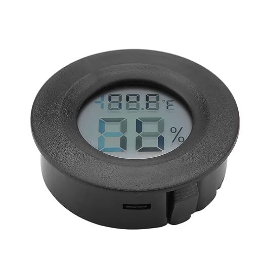 Fydun Digital Thermometer Hygrometer, LCD Temperature Humidity Mini Hygrometer Round Shape Thermometers Meter for Reptile Incubator Aquarium Poultry, Compact Size & (Black)