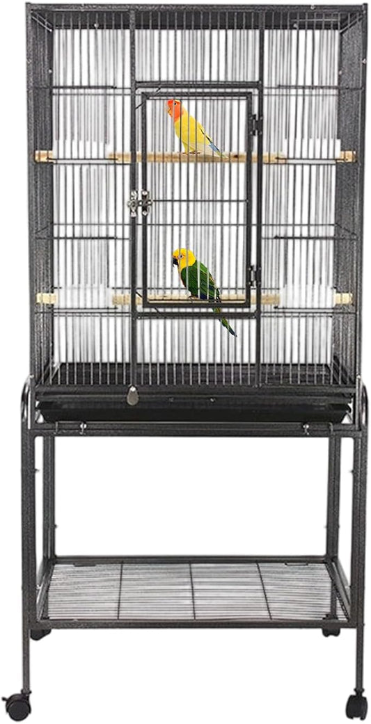 53 Inch Bird Cage with Wooden Perches, Standing Wrought Iron Birdcage Large Parrot Flight Bird Cage with Rolling Stand Birdcages for Cockatiels African Grey Quaker Lovebird Canary Budgie Finch Black