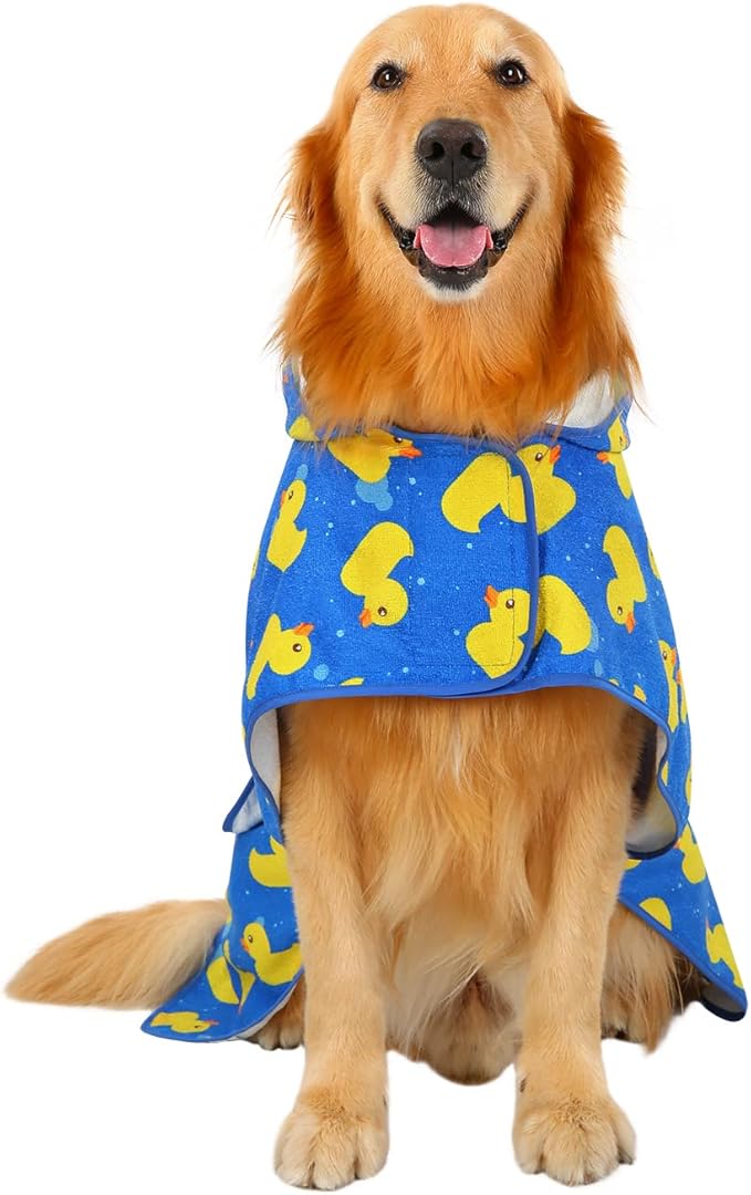 HDE Dog Bathrobe Super Absorbent Quick Drying Puppy Towel Wrap Coat Adjustable After Bath Robes with Hood for Dog Sizes S-XXL Blue Rubber Ducks XXL