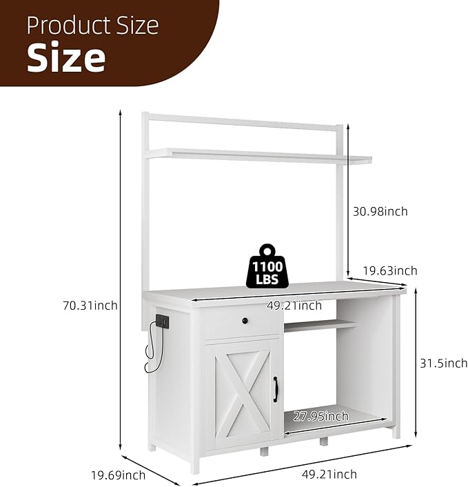 Reptile Tank Stand with Power Outlet, Terrarium Stand with Storage Cabinet, 49" X 20" Tabletop, Aquarium Stand with LED Lights, Reptile Terrarium,Turtle Tank, 1100LBS, White