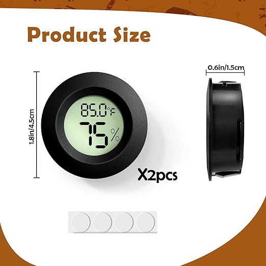 Vodolo 2PCS Reptile Thermometer and Humidity Gauge,Digital Adhesive Reptile Terrarium Hydrometer,Bearded Dragon Tank Accessories,Pet Humidity Meter Supplies for Leopard Crested Gecko,Snake,Lizard