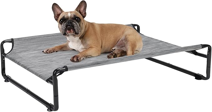 Veehoo 35" Medium Raised Dog Bed, Washable Dog Cot with Headrest Sides, Outdoor Elevated Dog Bed with Non-Skid Feet, Breathable Mesh, Portable Pet Hammock for Indoor or Camping, Black Silver