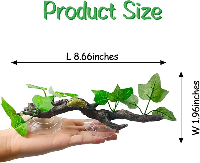 Fhiny 2 PCS Reptile Corner Branch, Resin Climb Tree Branch Decor with Leaves Tank Accessories Terrarium Plant Ornament with Suction Cup for Snake Lizard Bearded Dragons Gecko Climbing