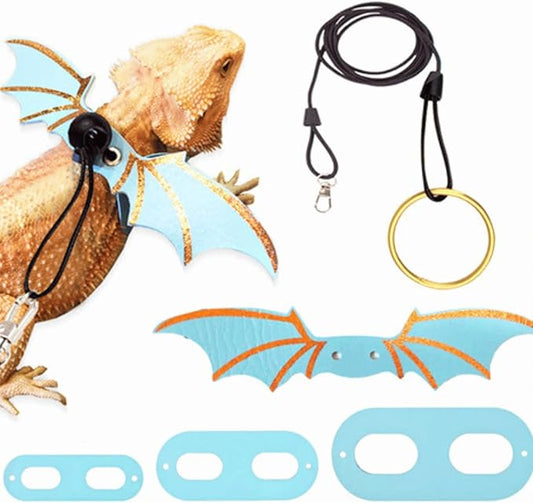 3 Size Pack Bearded Dragon Leashes and Harnesses, Bearded Dragon Harness, Soft Leather Detachable Adjustable Reptile Lizard Wing Leash (Blue)
