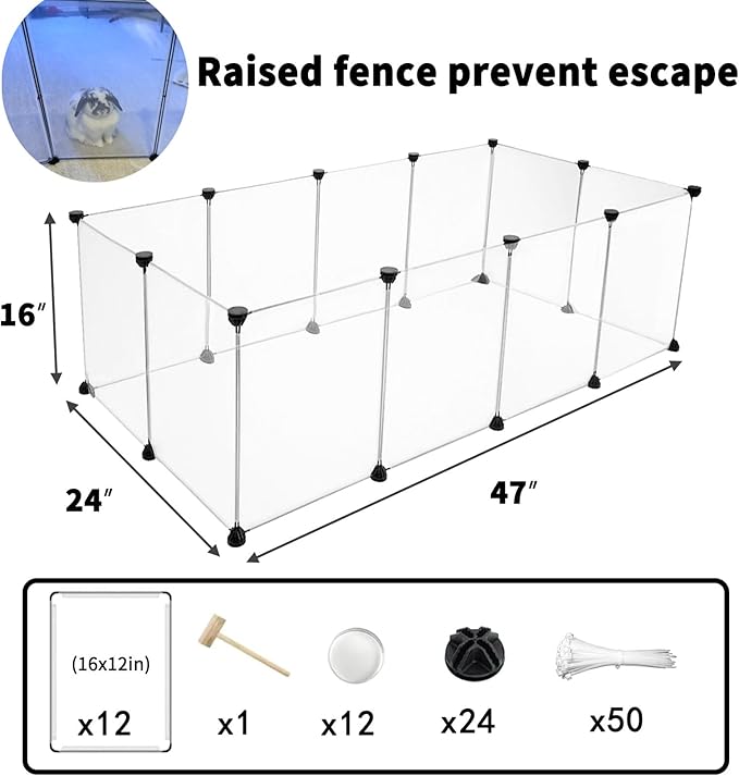 12 Panels Pet Playpen 16”x12” Bunny Pen Rabbit Cage Pet Fence Indoor DIY Plastic Enclosure for Guinea Pigs, Bunny, Hamsters, Hedgehogs (Clear)