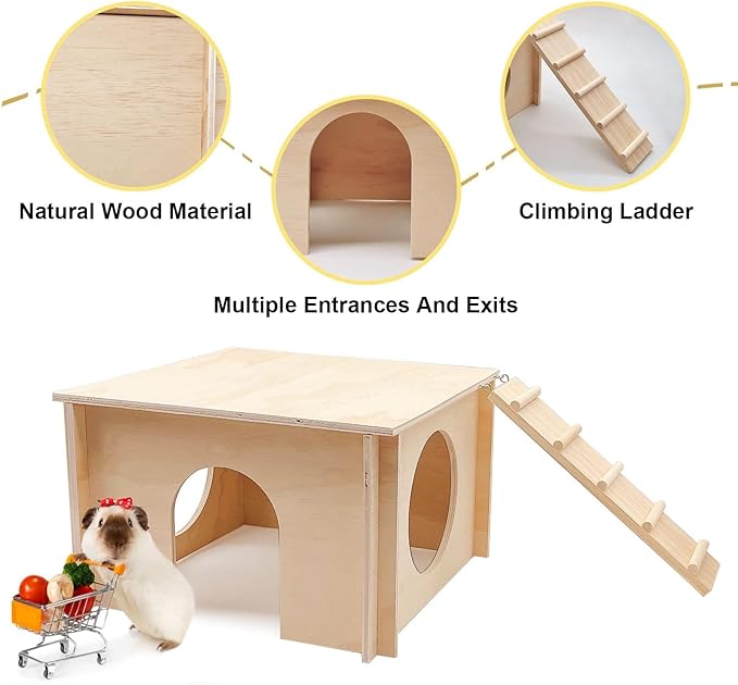 kathson Guinea Pig Hideout House,Wooden Chinchilla Hide Hut with Climbing Ladder and Windows, Hamster House for Mouse Hedgehog Squirrel Mice Gerbils Hiding Sleeping and Playing