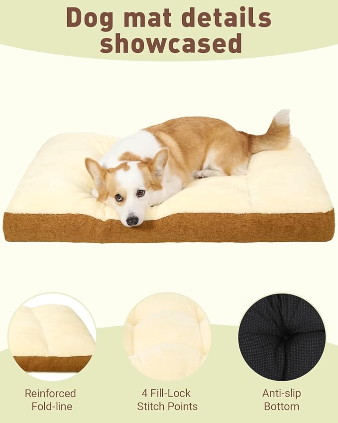 NUPIDA Washable Dog Bed for Large Dog, XL Crate Bed Plush Pet Kennel Pad with Non-Slip Bottom, Pet Sleeping Mat, 41x27 inch, Khaki