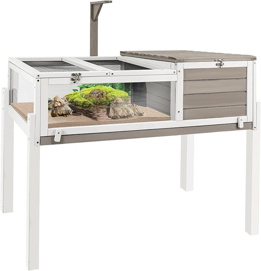 Ketive Tortoise Habitat Large Wooden Tortoise Enclosure Habitat with No-Leaking Tray Indoor & Outdoor, Reptile Cage for Small Animals TOR03-Grey