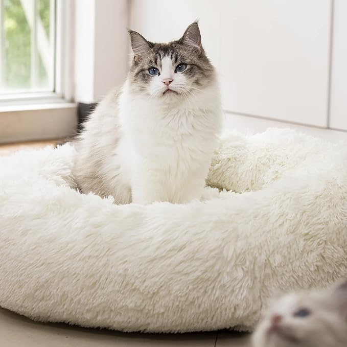 Anti Anxiety Round Fluffy Plush Faux Fur Warm Washable Dog Bed & Cat Bed, Original Bed for Small Medium Large Pets,Used to Relieve Joints and Improve Sleep（20"/24"/27''） (27", White)