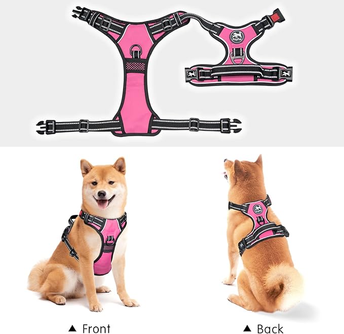 PoyPet Dog Harness No Pull, Reflective Adjustable No Choke Pet Vest with Front & Back Clips, Soft Padded and Control Training Handle for Large Dogs(Pink,XL)