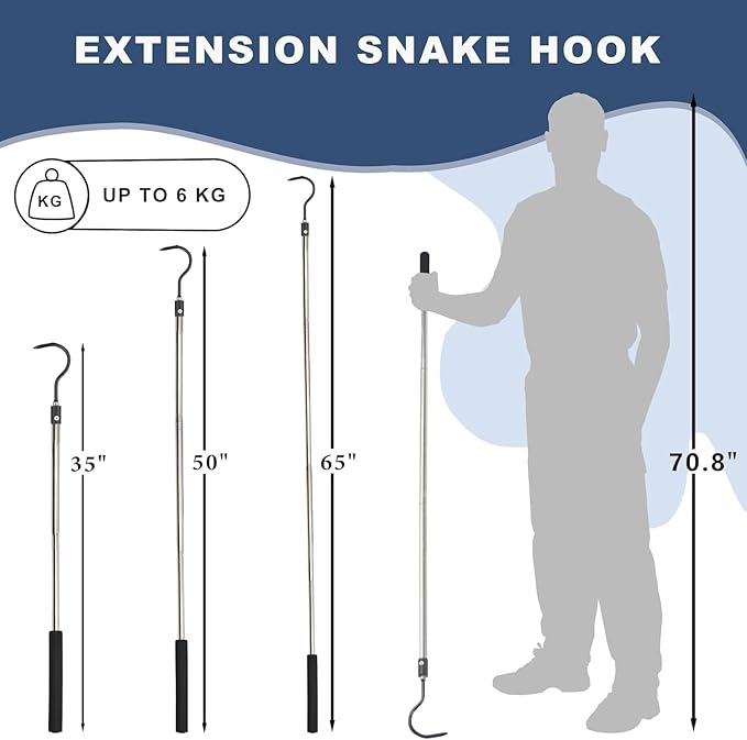 Snake Hook Heavy Duty, Snake Hook Retractable 35"-65" Catcher Hook for Rattlesnakes Ball Python Rattle Cobra Removal Non-Slip Foam Handle and Thickened Stainless Steel
