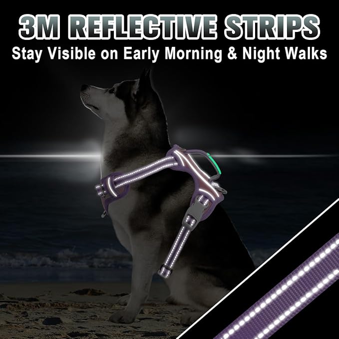 BARKBAY No Pull Dog Harness Large Reflective Dog Harness with Front Clip and Easy Control Handle for Walking Training Running with ID tag Pocket(Baby Pink & Violet Purple,L)