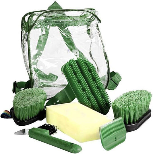 HORZE Backpack Easy-Carry Horse Grooming Set with Six Soft Grip Grooming Tools - Dark Green - One Size