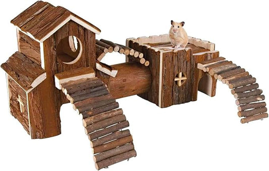 Natural Wooden Hamster Tunnel Playground Small Animal Multi-Room Hideout Houses with Climbing Ladders and Bridges for Dwarf Hamster Mice Gerbil (18.5x8.7x6in)