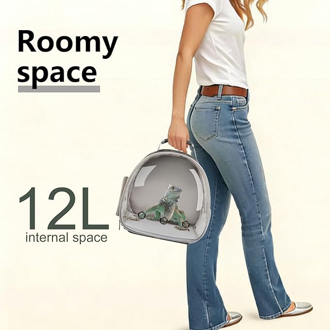 Bearded Dragon Carrier Backpack with Security Printing Harness Leash and 3-Sized Harness Set, Reptile Lizard Travel Guinea Pig Bunny Kitten Travel Carry Bag to Transport (Grey, PU Leather)