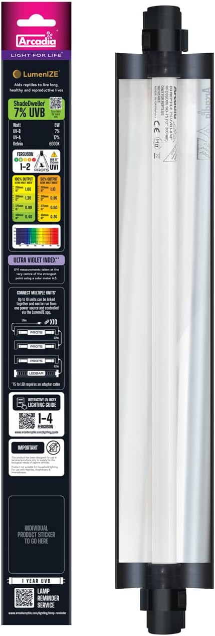 Arcadia LumenIZE ProT5 Reptile Light Fixture Kit 13" Long 8 Watts 7% UVB ShadeDweller – Smart UVB Light for Reptiles, Geckos, Skinks, Chameleons and Arboreal Tanks, Easy to Use Indoor Lighting Setup