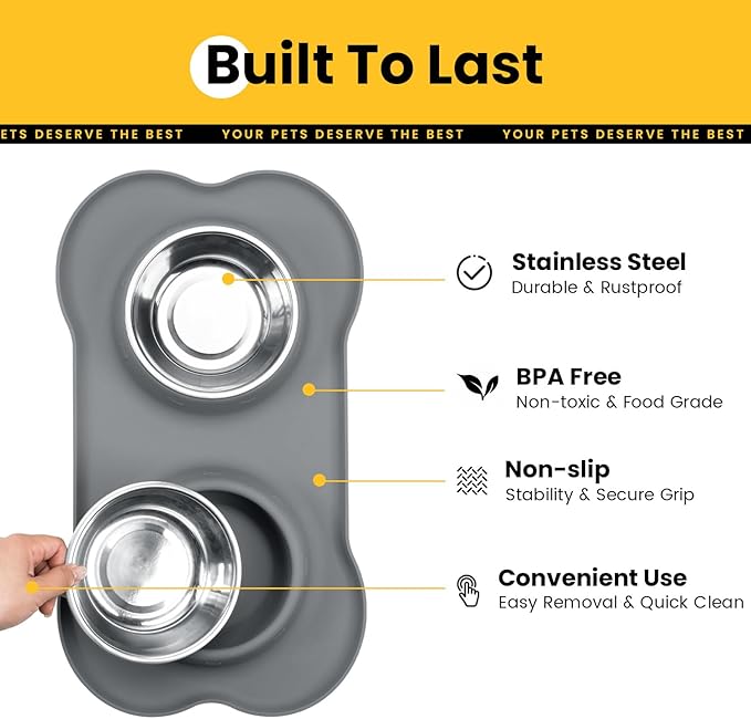 Conlun Stainless Steel Dog Bowls with Non-Slip Silicone Mat, Spill Proof Food & Water Bowls Set, Easy Clean Puppy Food Dish, Dishwasher Safe, Suitable for Dogs Cats Pet Under 20lbs, Small, Grey