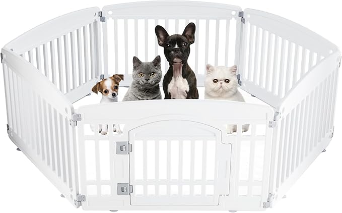 DUMOS Dog Playpen 6 Panels 24" Plastic Exercise Fence Pen with Door Small Puppy, Medium Dogs Animal Pet for Outdoor, Garden, Yard, RV Camping(White)