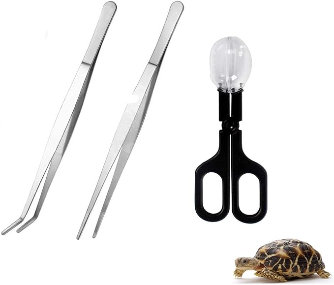 10.6 inch Reptile Feeding Tongs, 3 Pcs Tweezers Cricket Clamp Bug Scooper, Stainless Steel Straight and Curved Tweezers Set for Insects Lizard Turtle Snake Spider Frog Gecko Chameleon