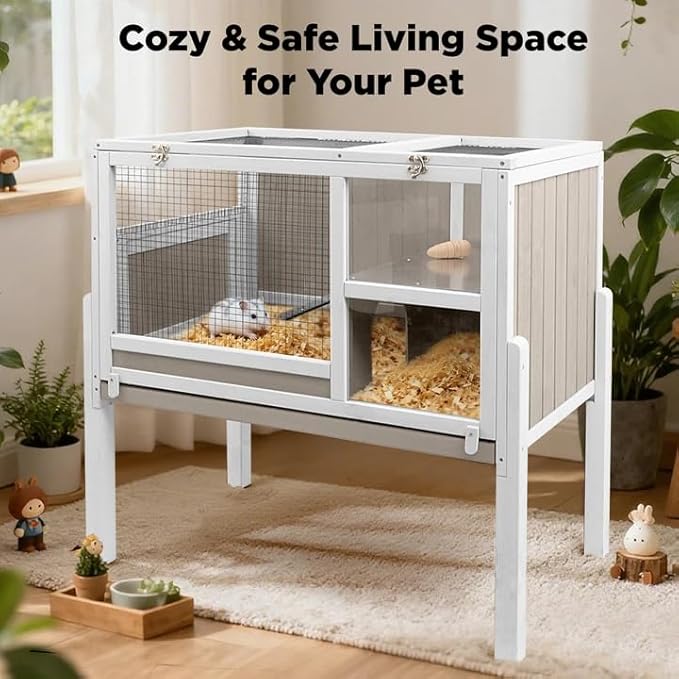 Easy-View 2-Storey Guinea Pig Cages Indoor, Wooden Guinea Pig Cages with 4 Detachable Legs, Leakage Pull-Out Tray, Metal Strip Ramp, Hideout, Ideal for Guinea Pig, Rabbit, Hamster, Hedgehog