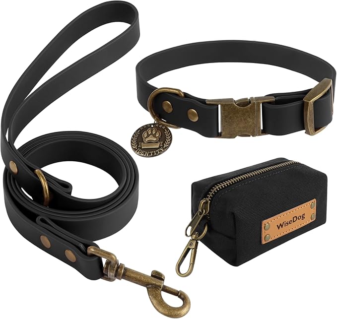 Wisedog Waterproof Dog Collar and Leash Set, Adjustable Puppy Collar with Cute Tag 5FT Dog Leash with Poop Bag for Small Medium Large Dogs (L, Black)
