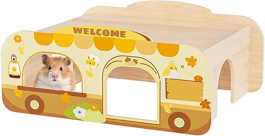 mini&moe Camping Hamster Houses and Hideouts – Wooden Multi-Room Hamster Hideout Small Animal Habitat Decor Shelter with Platform for Dwarf Gerbils Chinchilla Rat Mouse