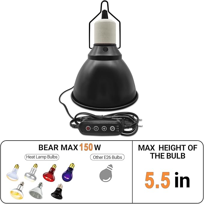 5.5 Inch Deep Dome Reptile Lamp Bulb Fixture with 3 Kinds Switch - Ideal for 50W/75W/100W/150W Heat Lamp Bulbs, E26 Compatible with UVA/UVB/Basking Heat Bulbs, Supports Up to 150 watts