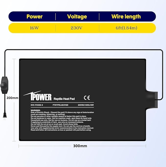 iPower 8x12 Inch Reptile Heating Pad with Adjustable Controller Knob, Under Tank Heater Mat for Turtles, Lizards, Snakes, Amphibians & Small Pets