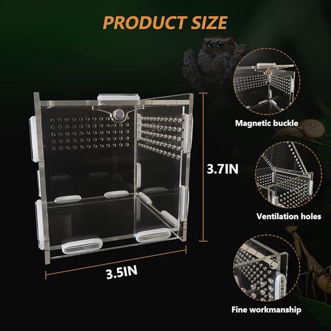 GKPONSX Magnetic Acrylic Spider Terrarium, Transparent Jumping Spider Enclosure with Dropper Tweezers Bowls for Insects, Crickets, Gecko, Scorpion, Sling, Mantis, Frog, Isopods, Snails, Hermit Crabs