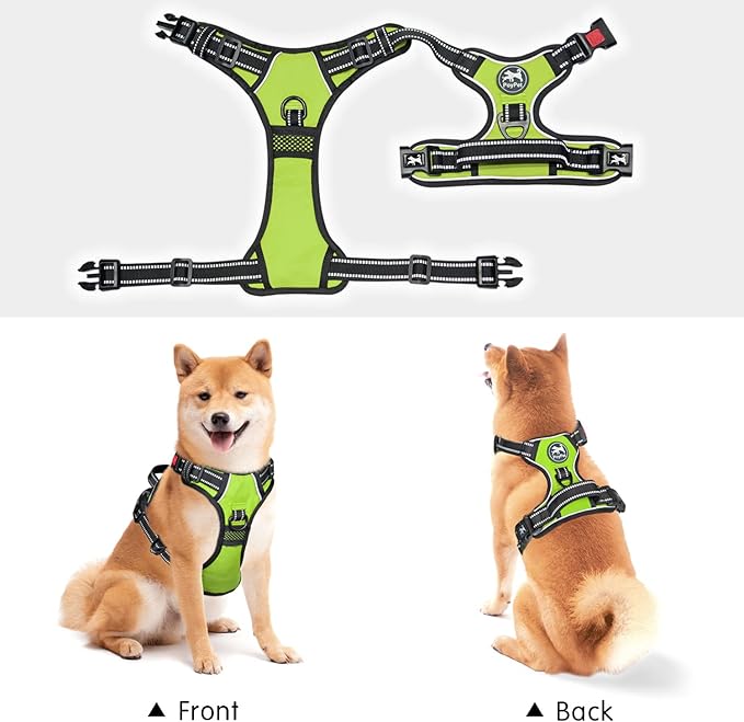 PoyPet Dog Harness No Pull, Reflective Adjustable No Choke Pet Vest with Front & Back Clips, Soft Padded and Control Training Handle for Large Dogs (Green, XL)